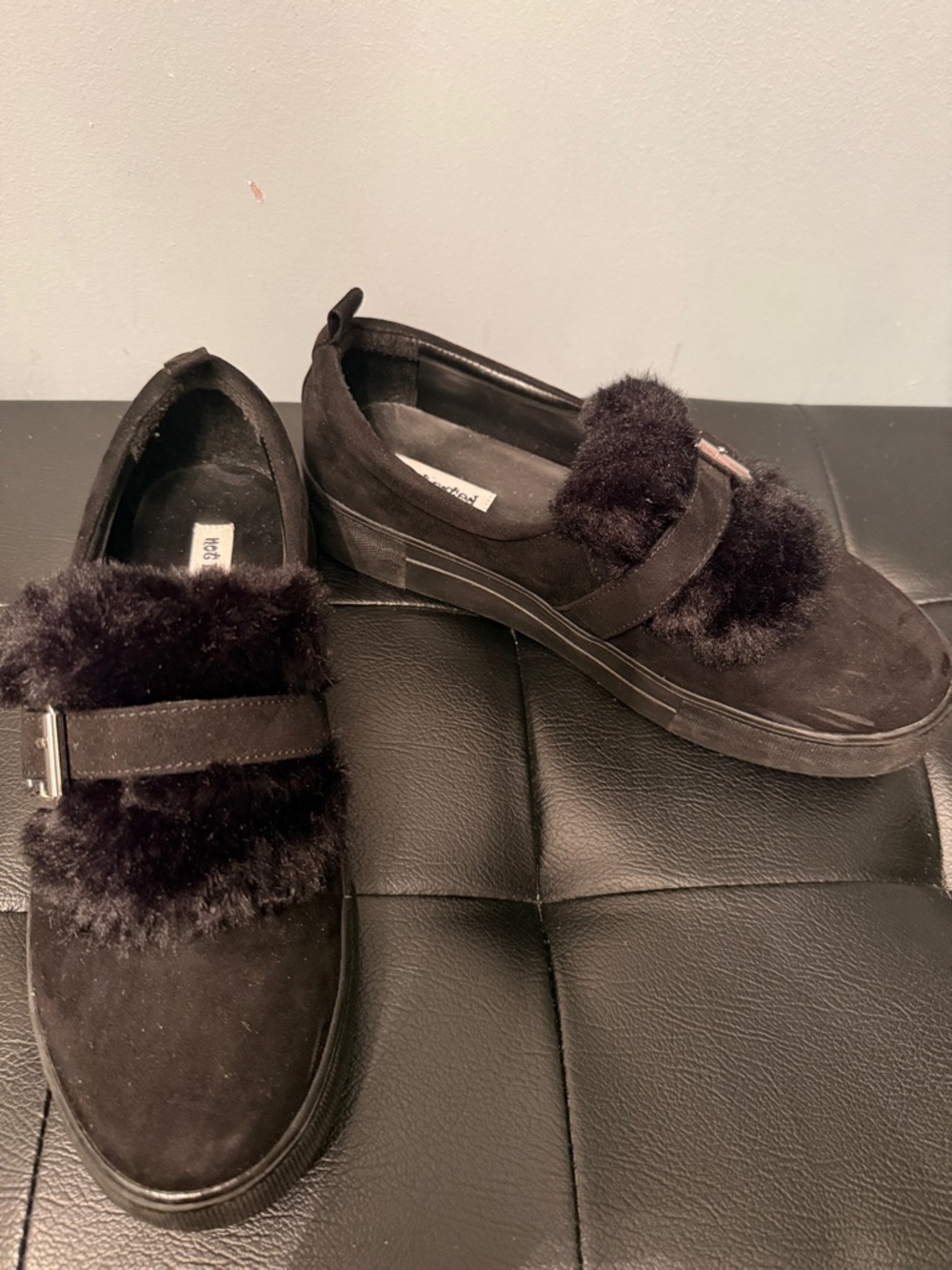 Women's Fur-Trim Slip-On Loafers in black